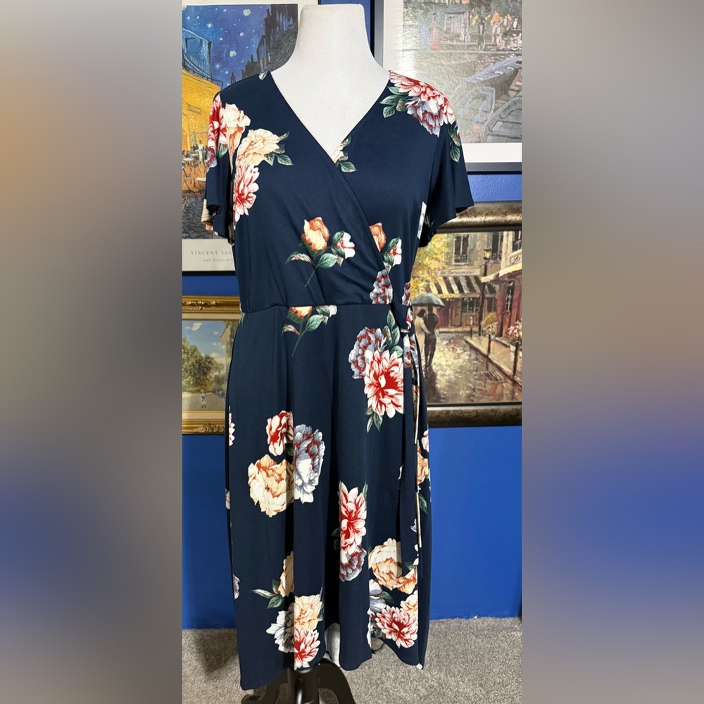Fortune + Ivy Navy Floral Wrap-Style Midi Dress with Peach & White Blooms